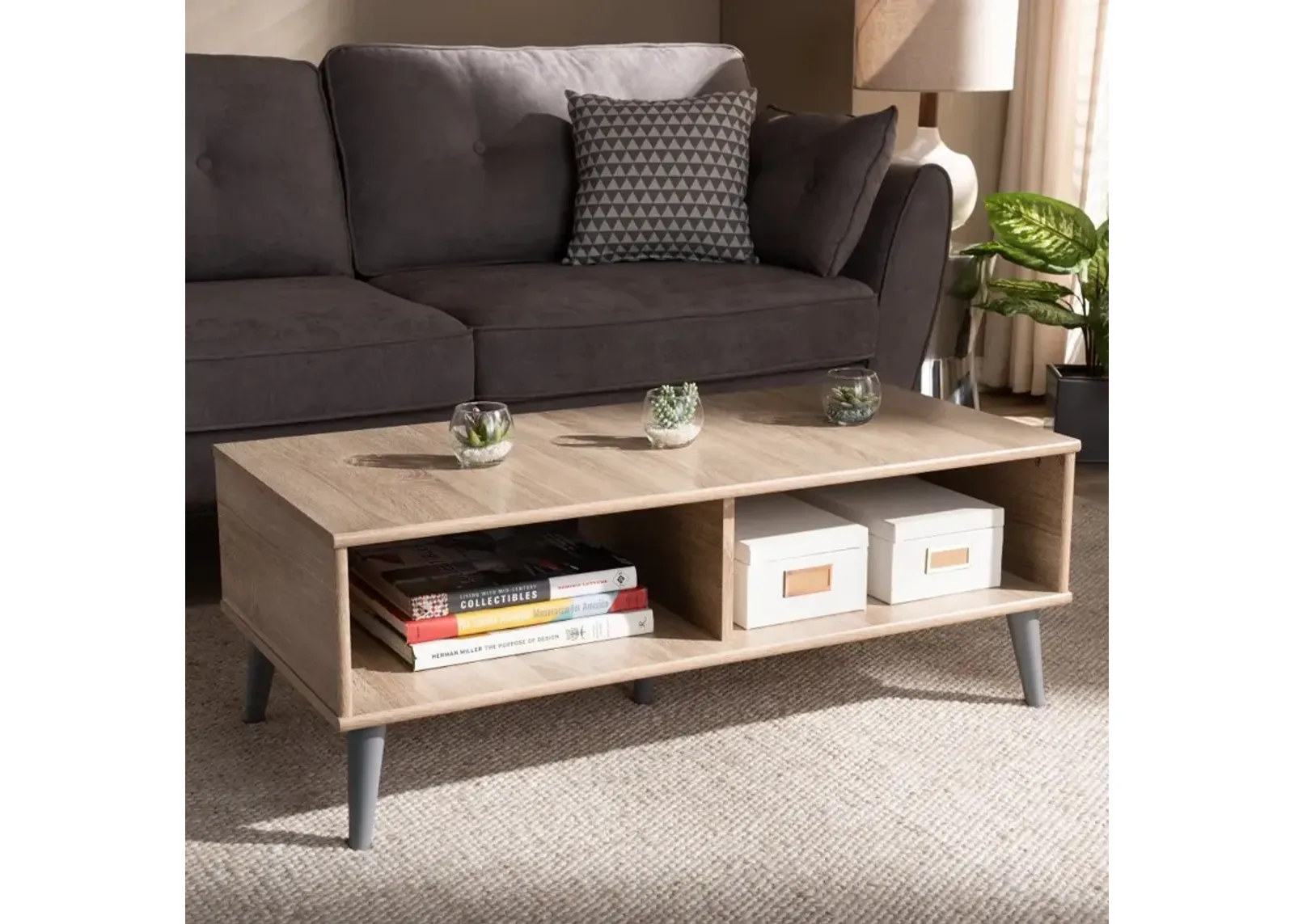 Mid Century Modern Oak and Light Grey Wood Coffee Table - Pierre