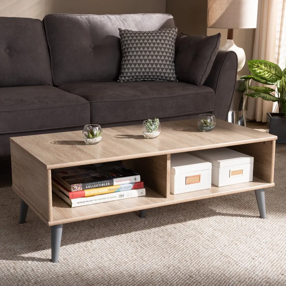 Mid Century Modern Oak and Light Grey Wood Coffee Table - Pierre