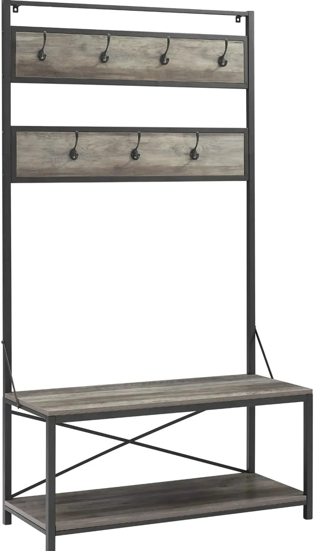 Industrial 72 Inch Metal and Gray Wash Wooden Hall Tree - Walker...