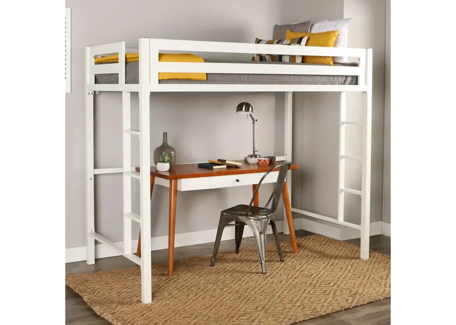 Bentley Premium Deluxe White Twin Metal Loft Bed - Walker Edison