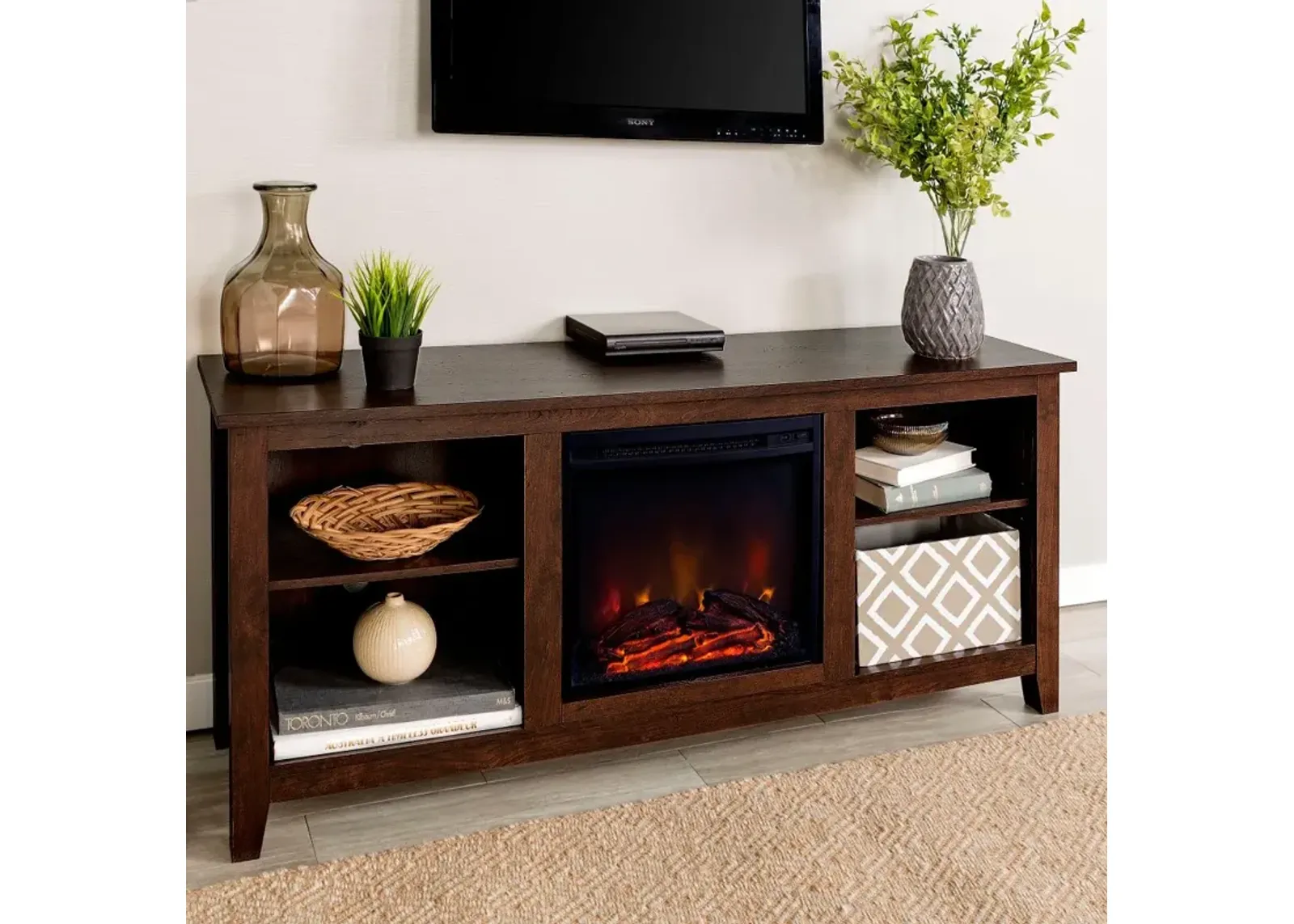 Brown 58 Inch Traditional Fireplace TV Stand - Walker Edison