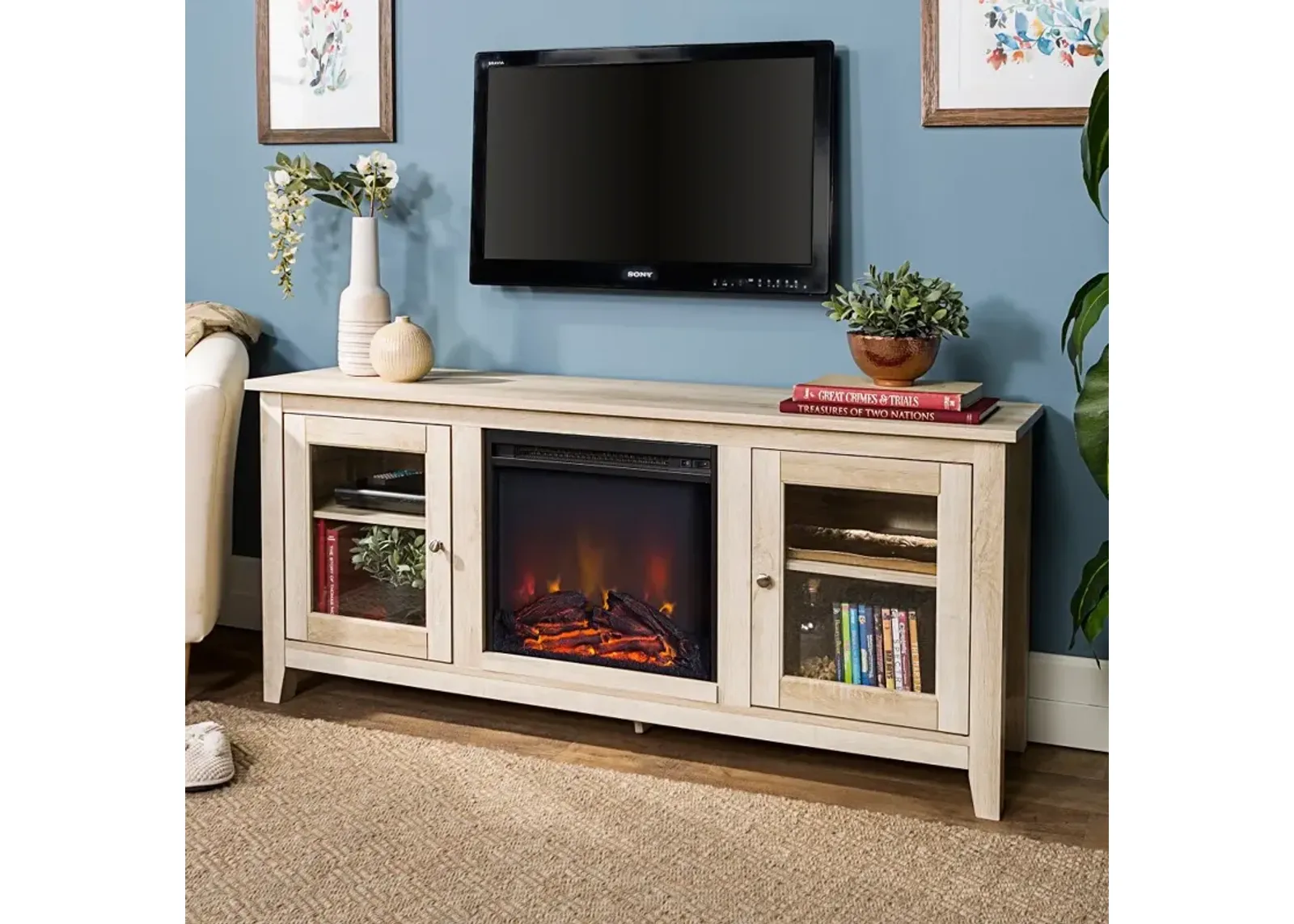 White Oak Traditional 58 Inch Fireplace TV Stand - Walker Edison