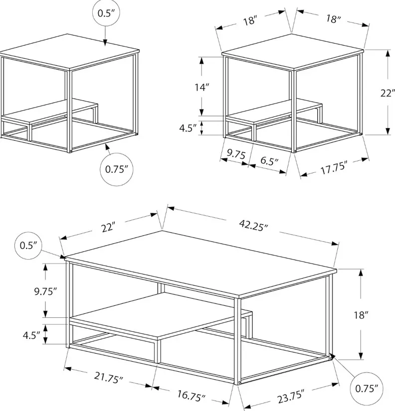 Dark Taupe and Black 3 Piece Metal Table Set