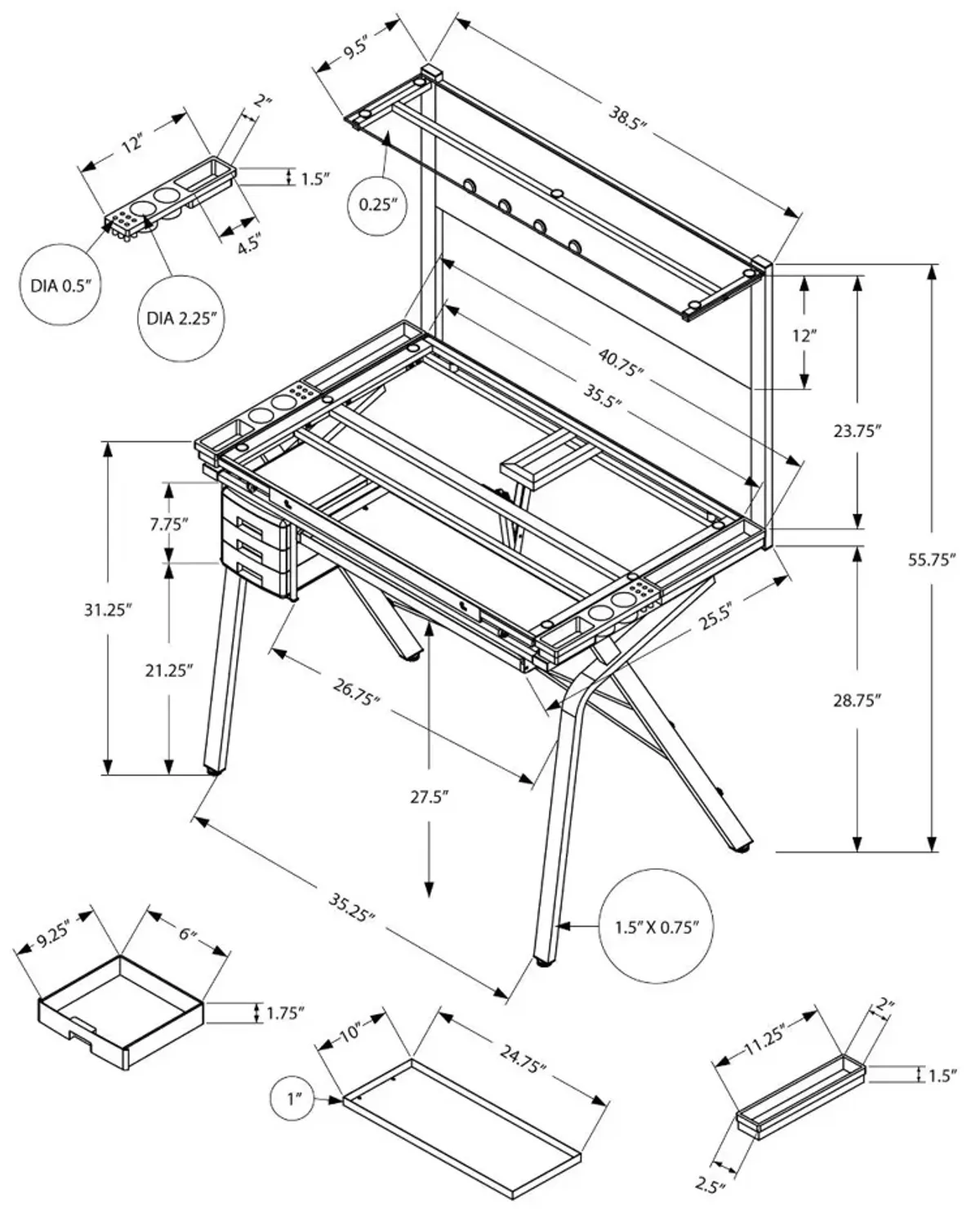 Gray Tempered Glass and Metal Adjustable Drafting Table