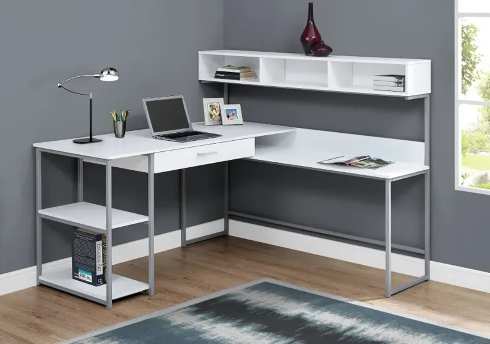 White and Silver Metal Corner Computer Desk