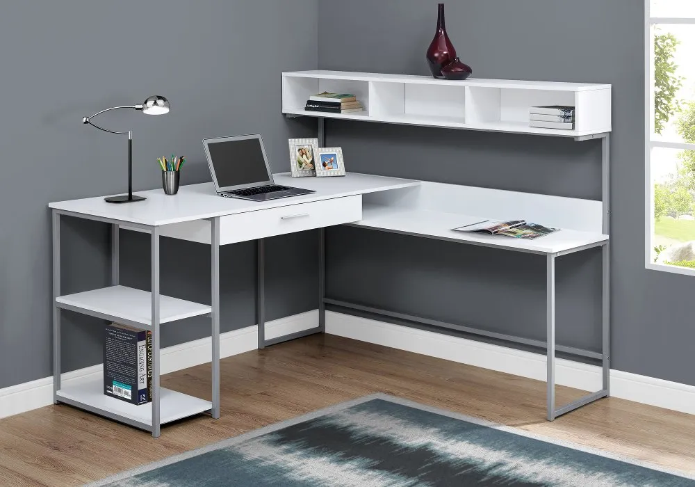 White and Silver Metal Corner Computer Desk