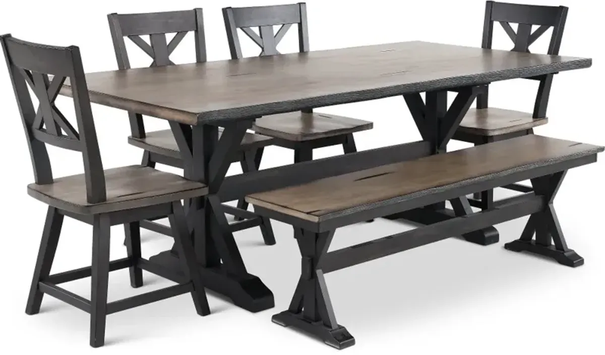 Orlando Farmhouse Sand and Black 6 Piece Dining Set with Bench