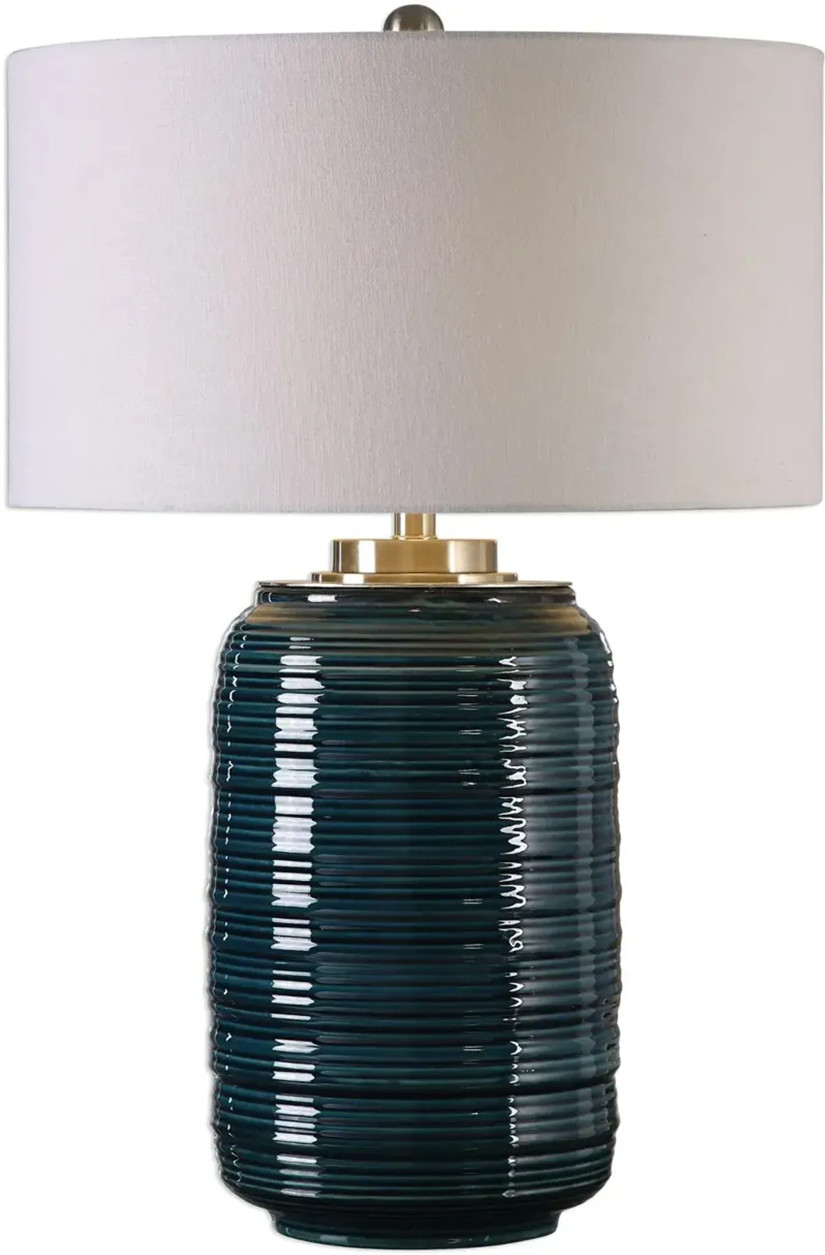 Dark Teal Ribbed Ceramic Table Lamp with Nickel Details