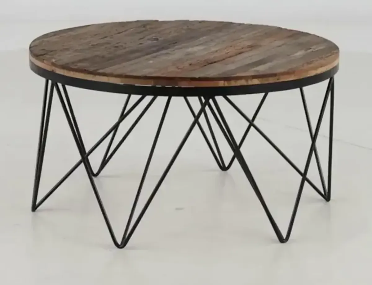 Aubrey Reclaimed Wood Round Coffee Table with Hairpin Metal Legs