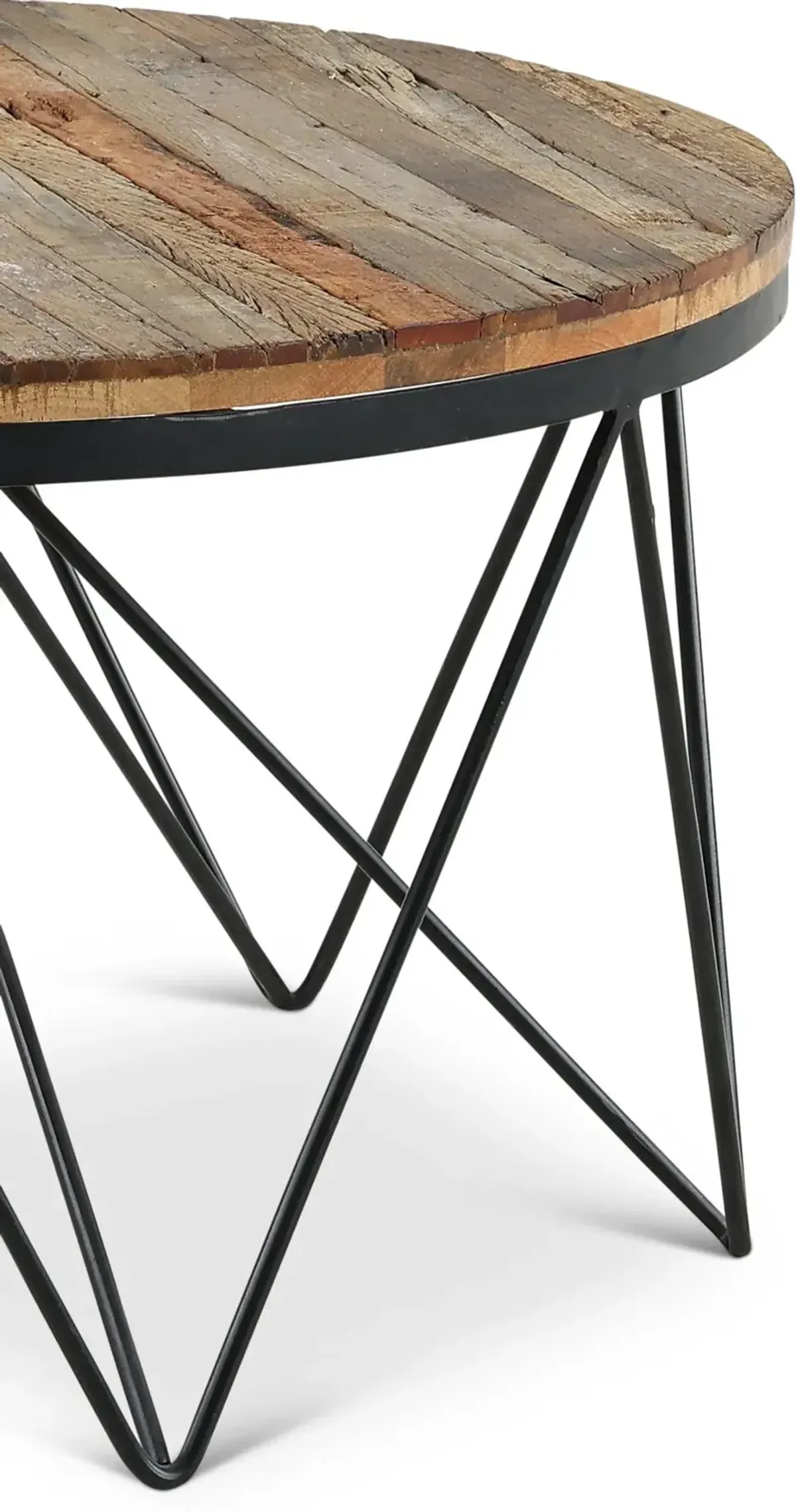 Aubrey Reclaimed Wood Round Coffee Table with Hairpin Metal Legs