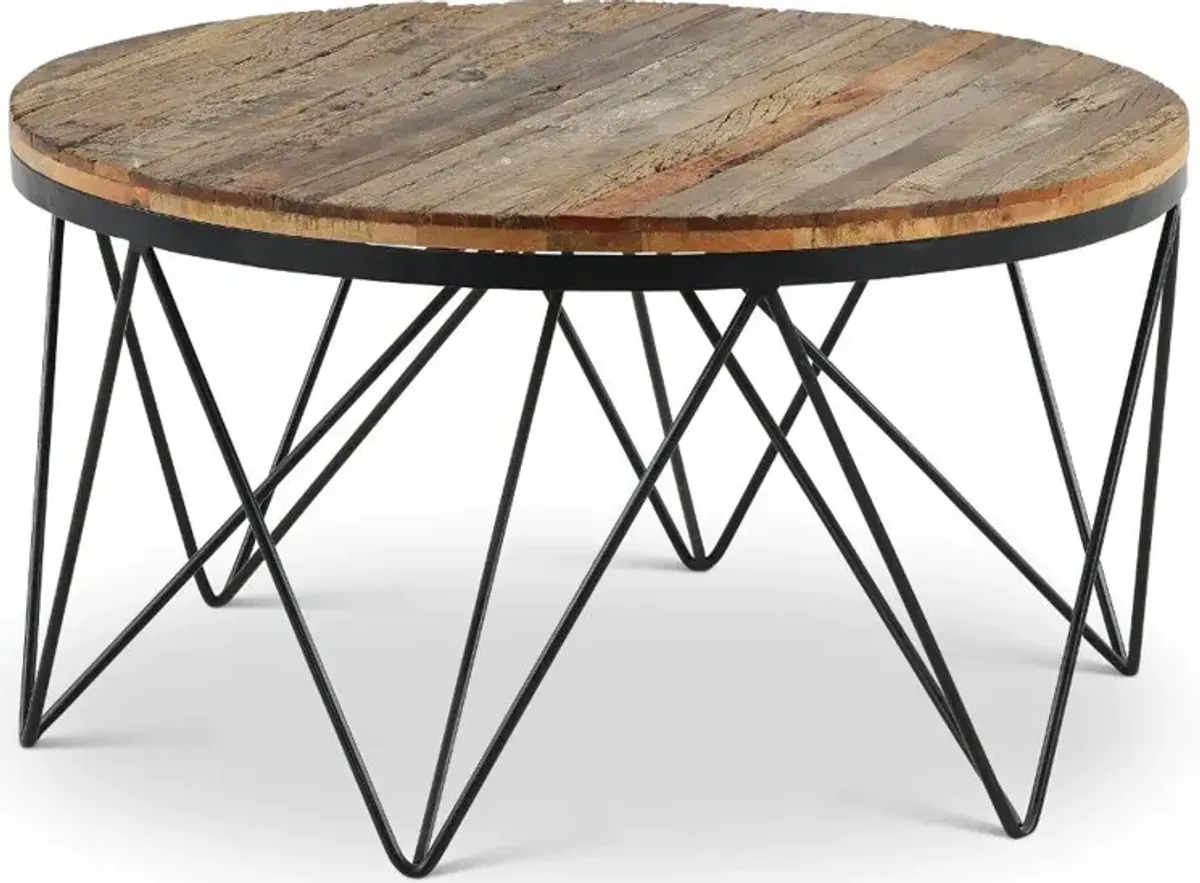 Aubrey Reclaimed Wood Round Coffee Table with Hairpin Metal Legs