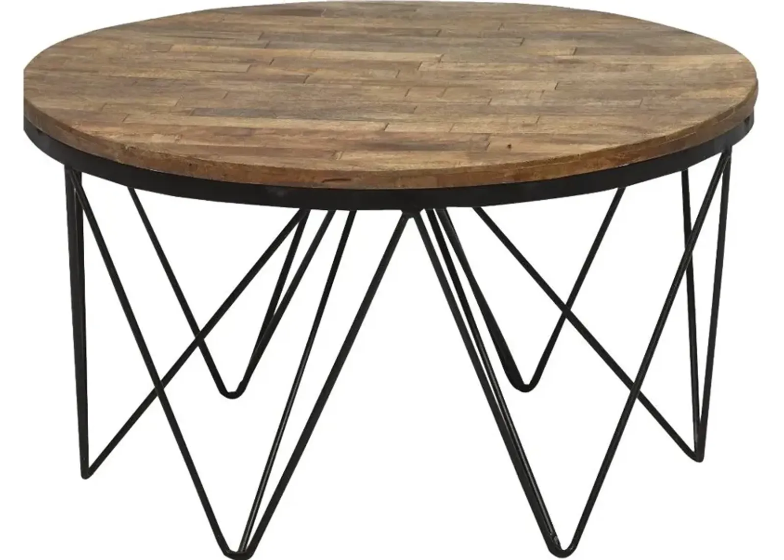 Aubrey Reclaimed Wood Round Coffee Table with Hairpin Metal Legs