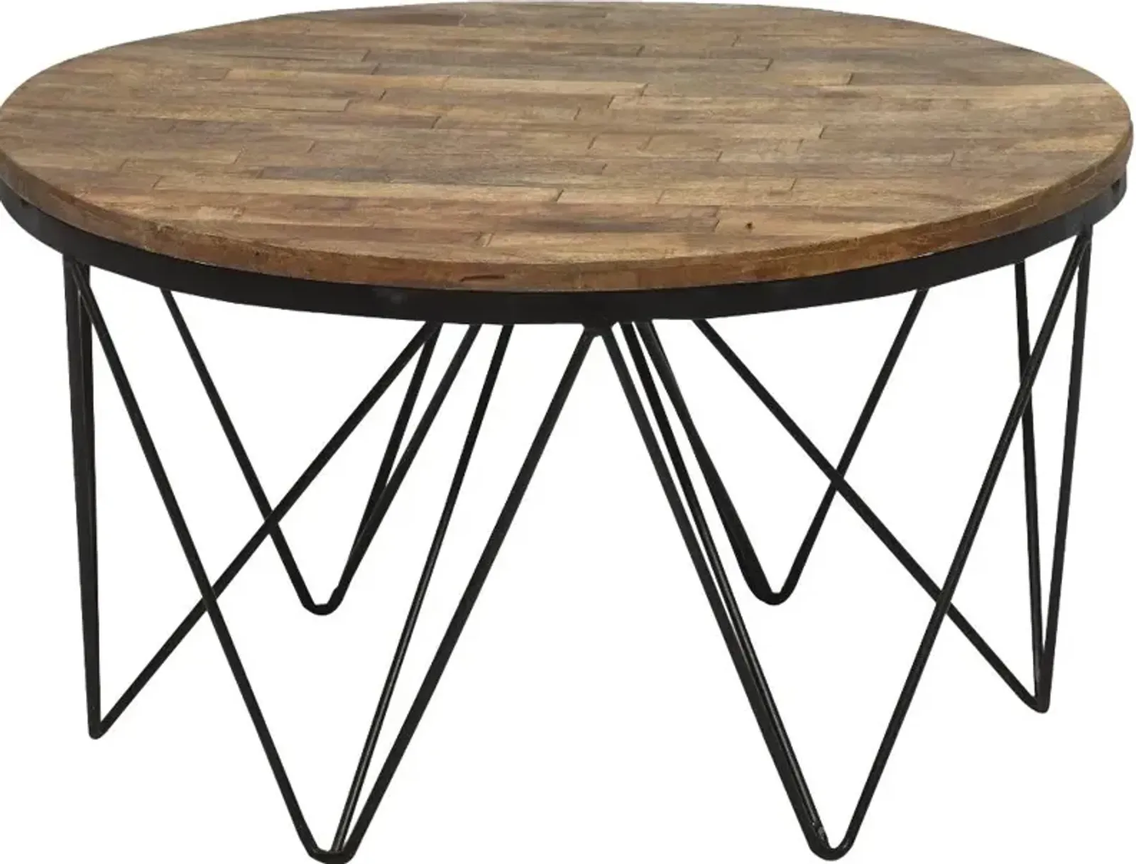 Aubrey Reclaimed Wood Round Coffee Table with Hairpin Metal Legs