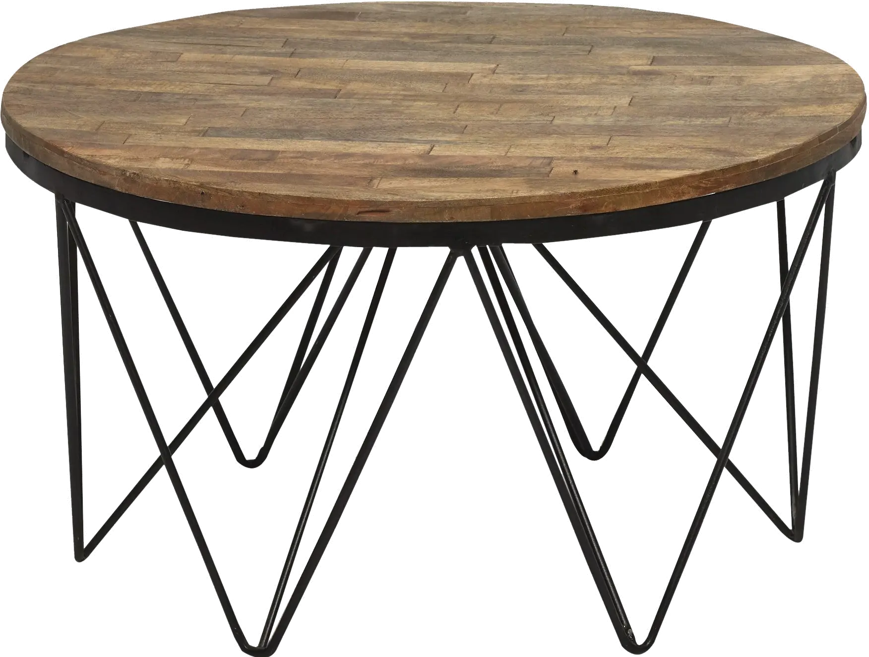 Aubrey Reclaimed Wood Round Coffee Table with Hairpin Metal Legs