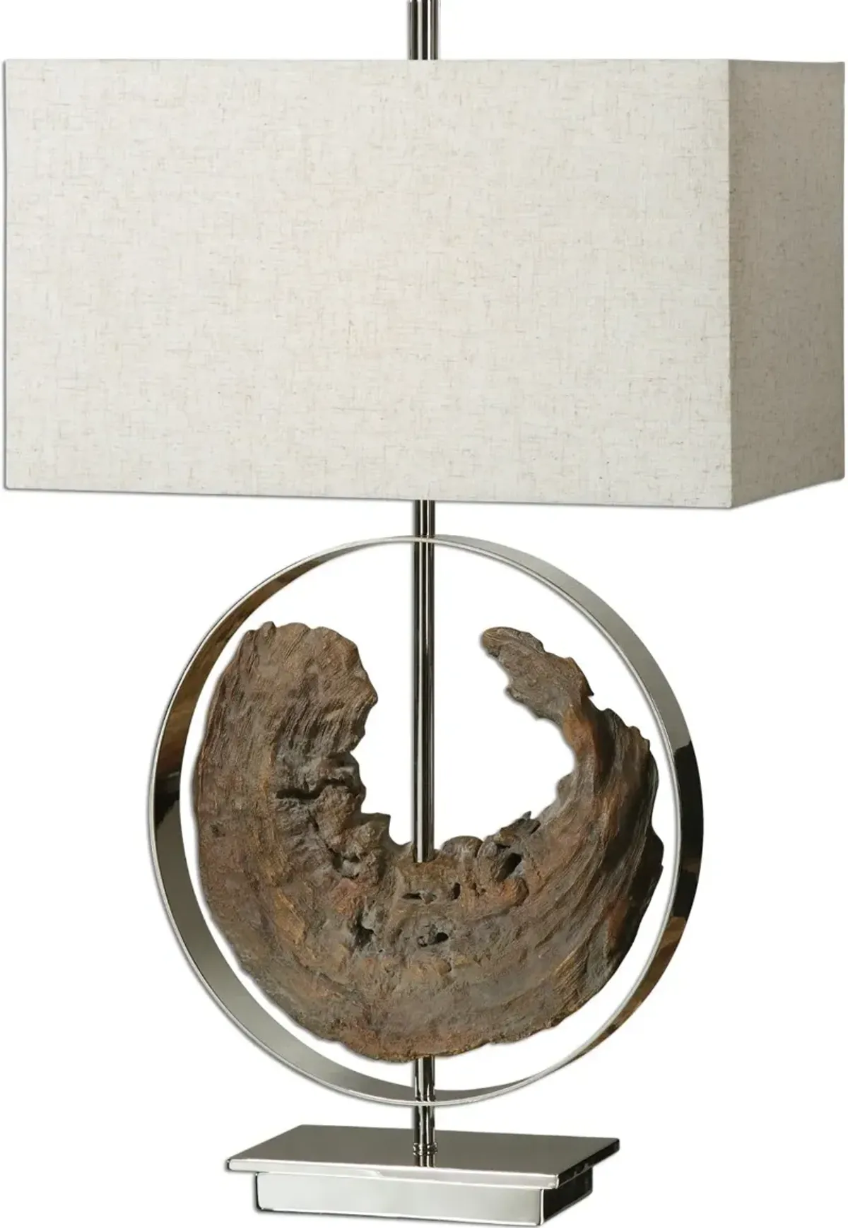 Faux Driftwood and Polished Nickel Plated Metal Table Lamp