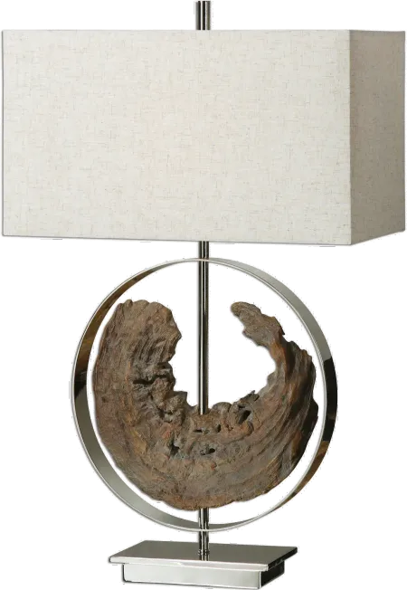 Faux Driftwood and Polished Nickel Plated Metal Table Lamp