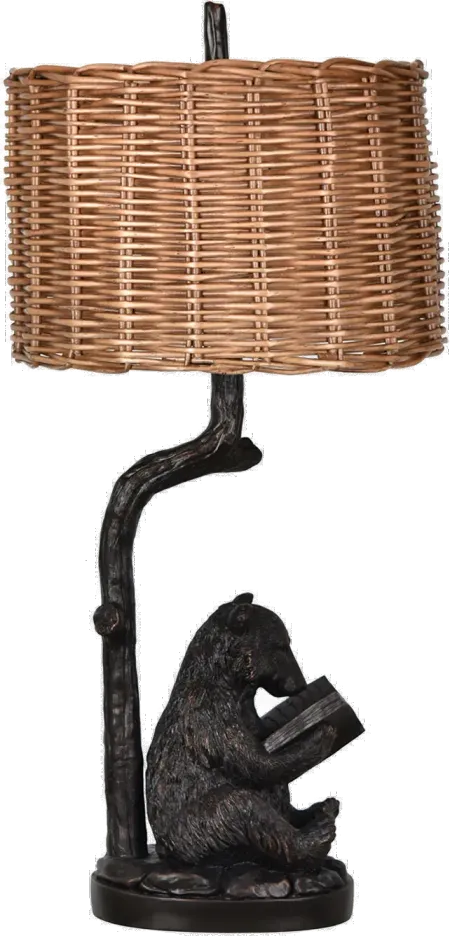 Resin Bronze Reading Bear Table Lamp with Rattan Shade