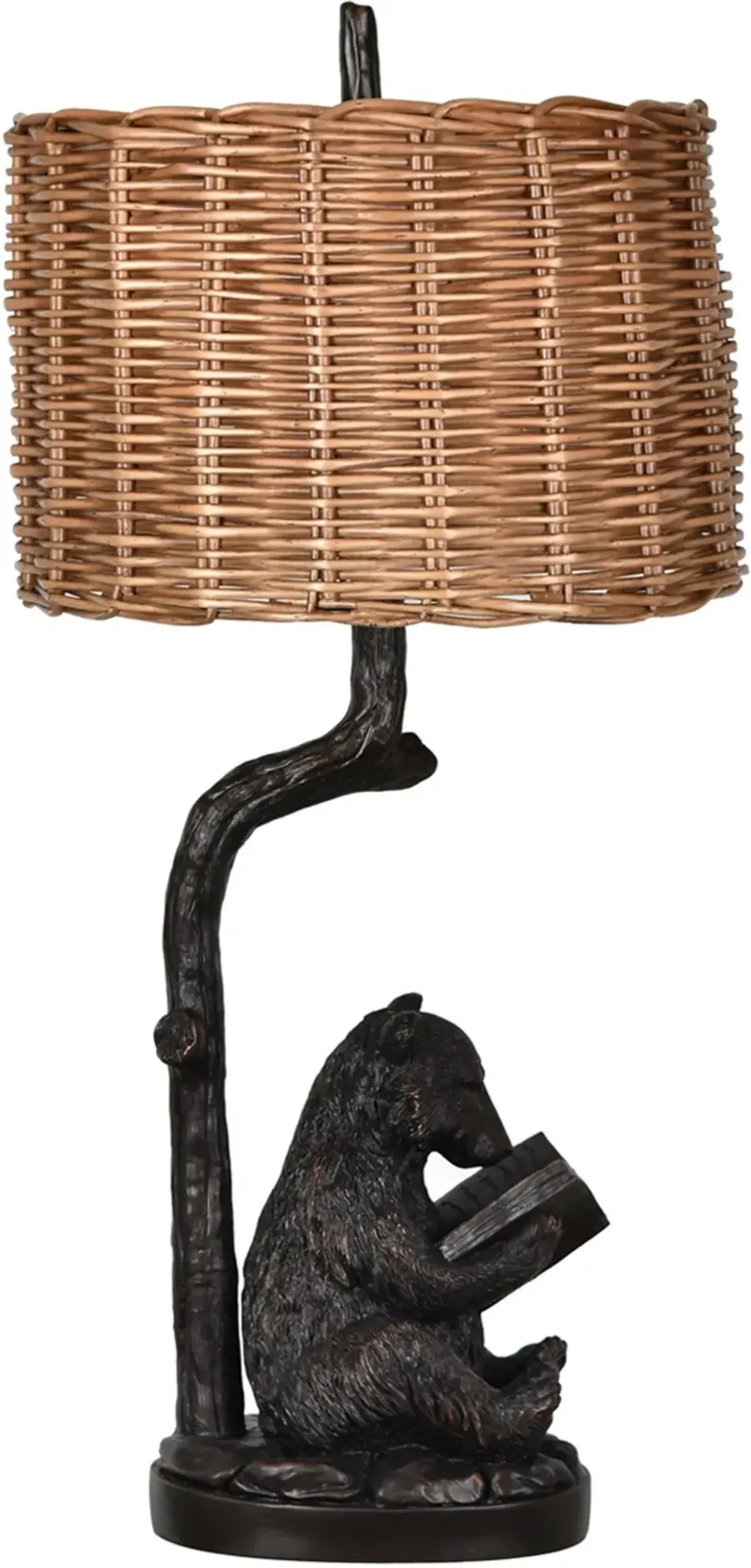 Resin Bronze Reading Bear Table Lamp with Rattan Shade