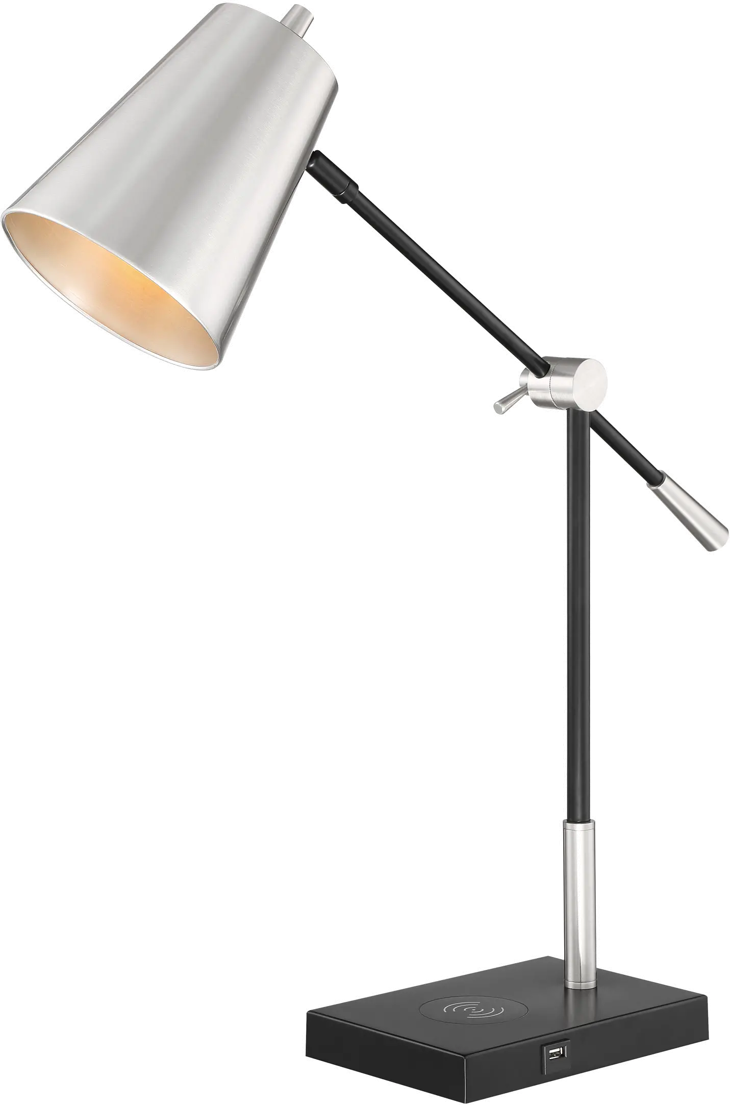 Brushed Nickel and Black Desk Lamp with Wireless Charging