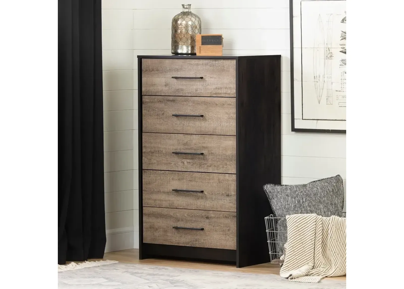 Modern Weathered Oak and Brown 5 Drawer Chest - South Shore