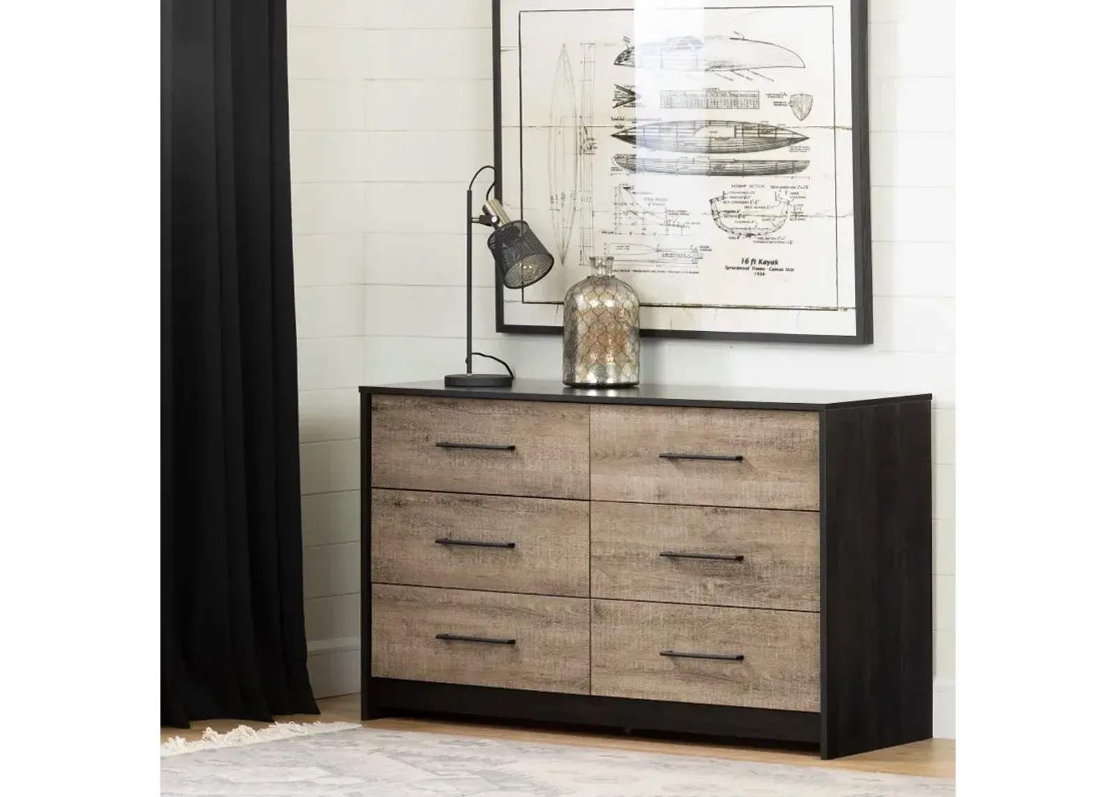 Contemporary Weathered Oak and Brown 6 Drawer Dresser - South Shore