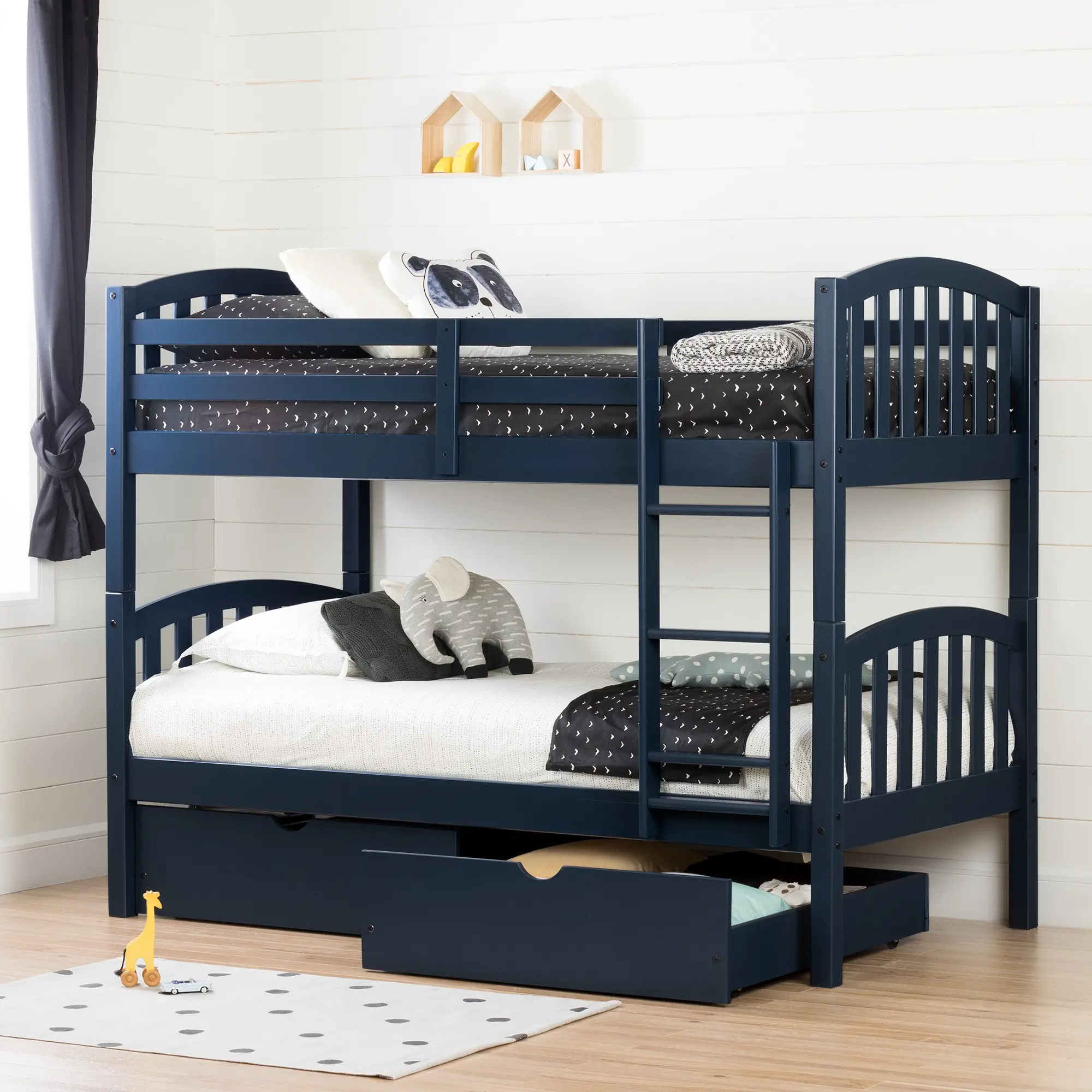 Ulysses Navy Blue Twin-over-Twin Bunk Bed with Drawers - South Shore