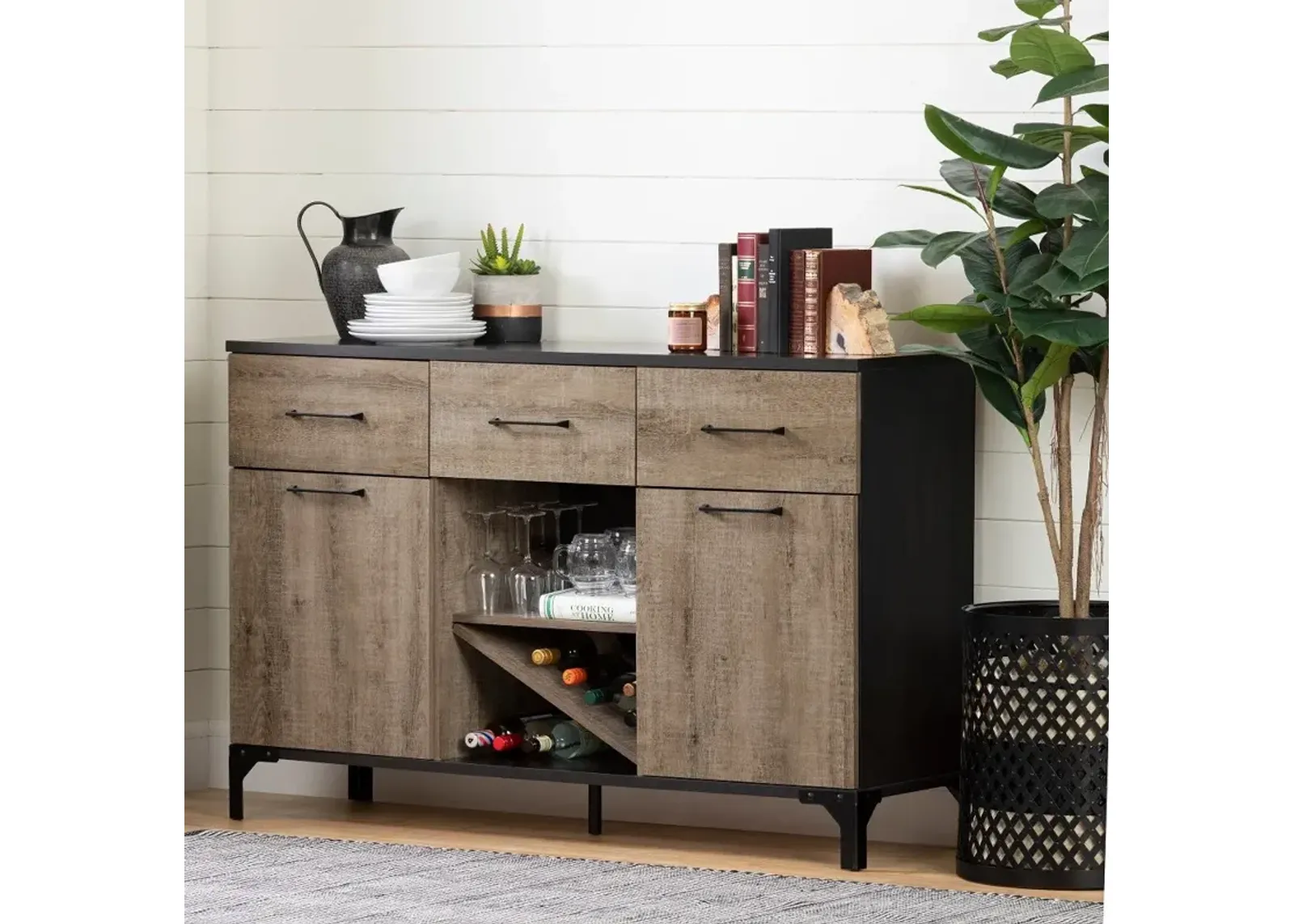 Weathered Oak and Ebony Bar Cabinet - South Shore