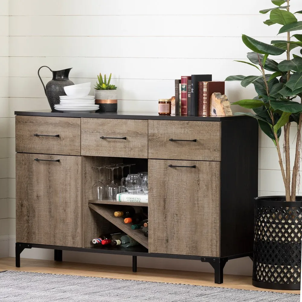 Weathered Oak and Ebony Bar Cabinet - South Shore