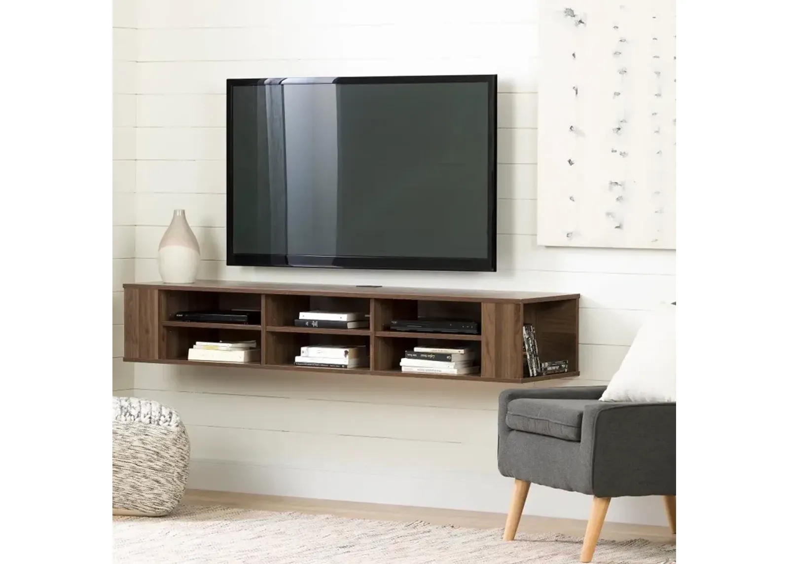 City Life Natural Walnut 66 Inch Wall Mounted TV Stand - South Shore