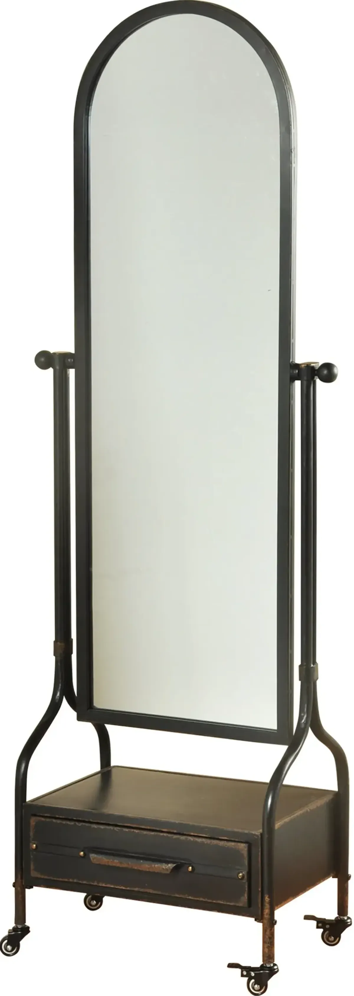 Blackened Gray Galvanized Cheval Mirror With Storage Drawer