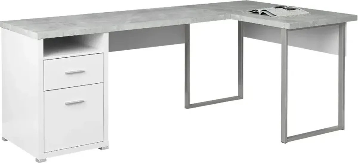 White and Concrete Gray L-Shaped Computer Desk