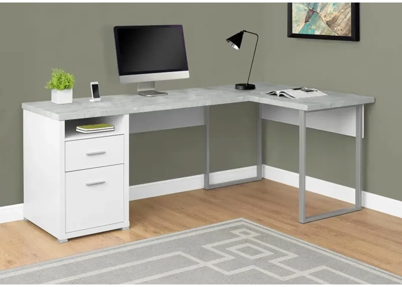 White and Concrete Gray L-Shaped Computer Desk