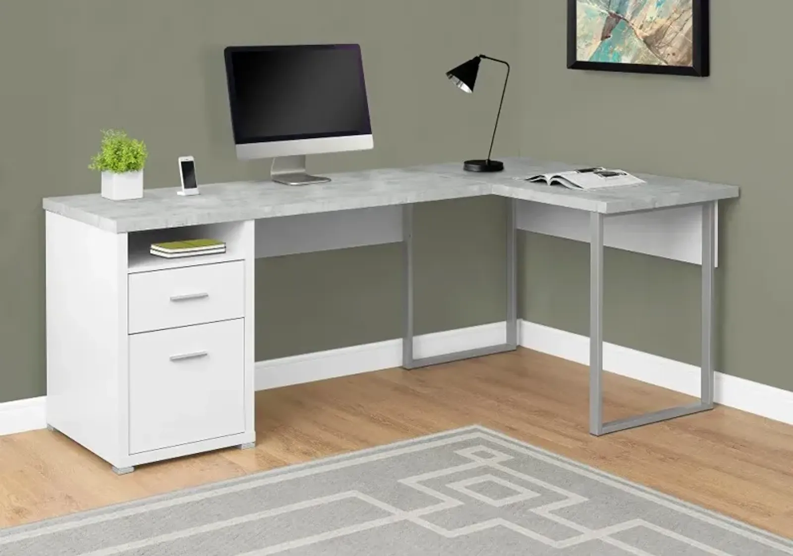 White and Concrete Gray L-Shaped Computer Desk