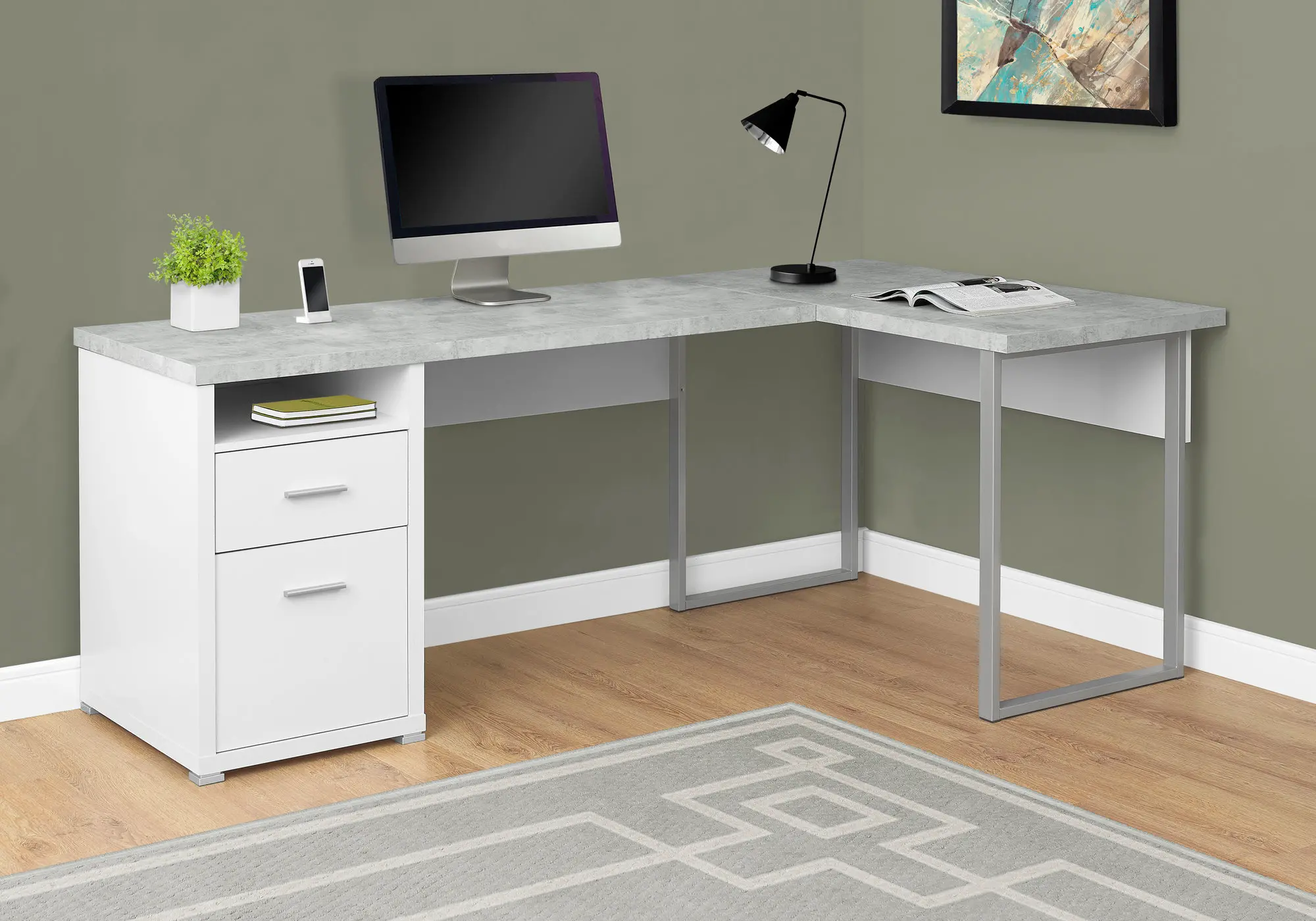 White and Concrete Gray L-Shaped Computer Desk