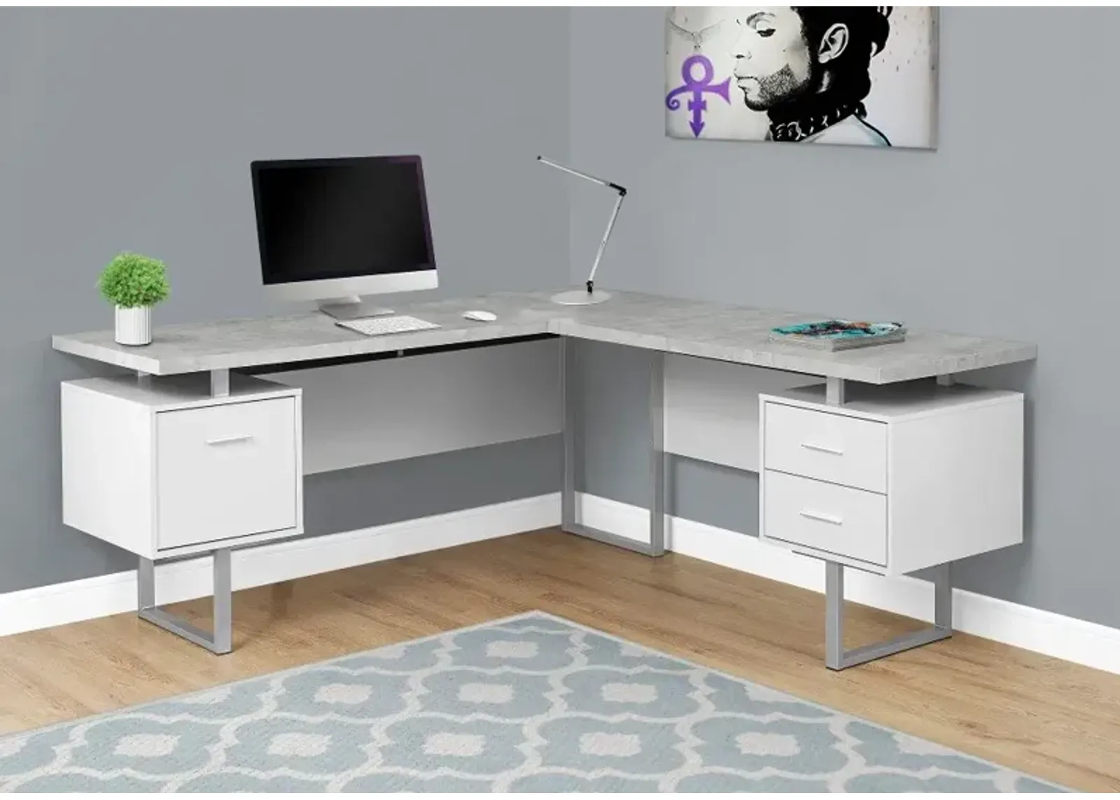 White and Cement Gray 60 Inch L-Shaped Computer Desk