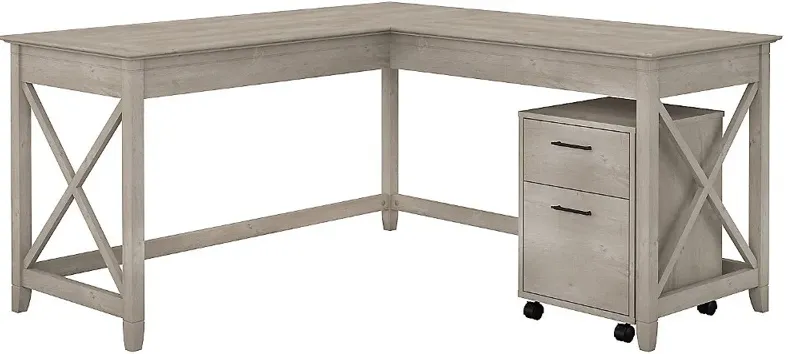 Key West Washed Gray L Shaped Desk with Mobile File Cabinet - Bush...