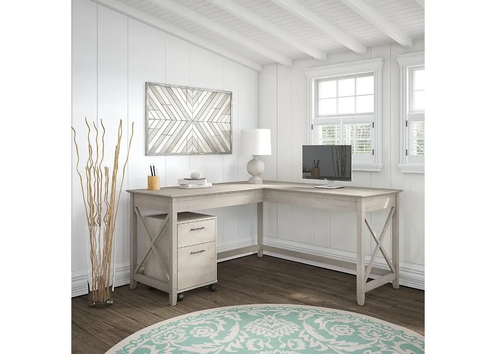 Key West Washed Gray L Shaped Desk with Mobile File Cabinet - Bush...