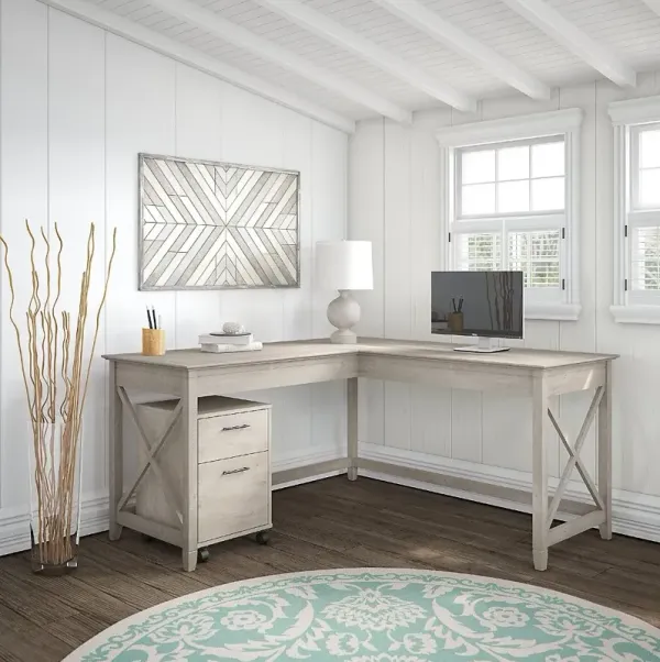 Key West Washed Gray L Shaped Desk with Mobile File Cabinet - Bush Furniture