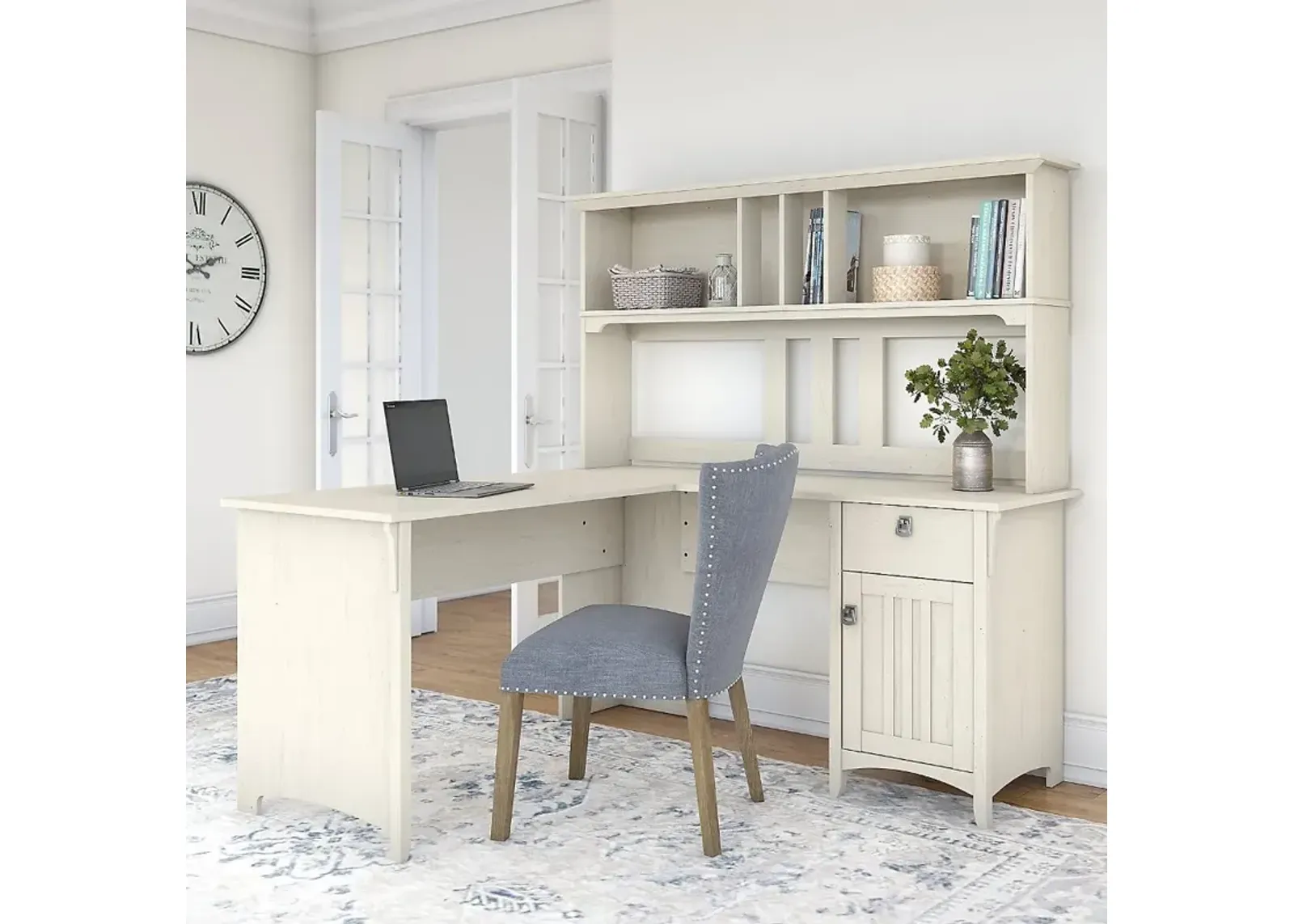 Salinas Antique White L Shaped Pedestal Desk with Hutch - Bush...