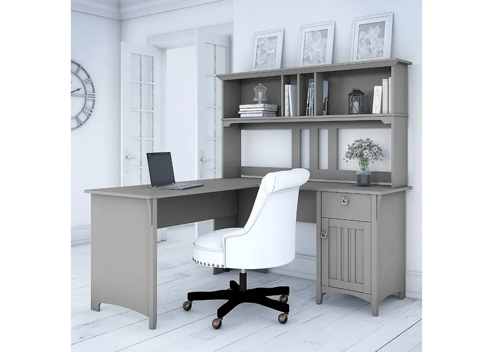 Salinas Cape Cod Gray L Shaped Pedestal Desk with Hutch - Bush...