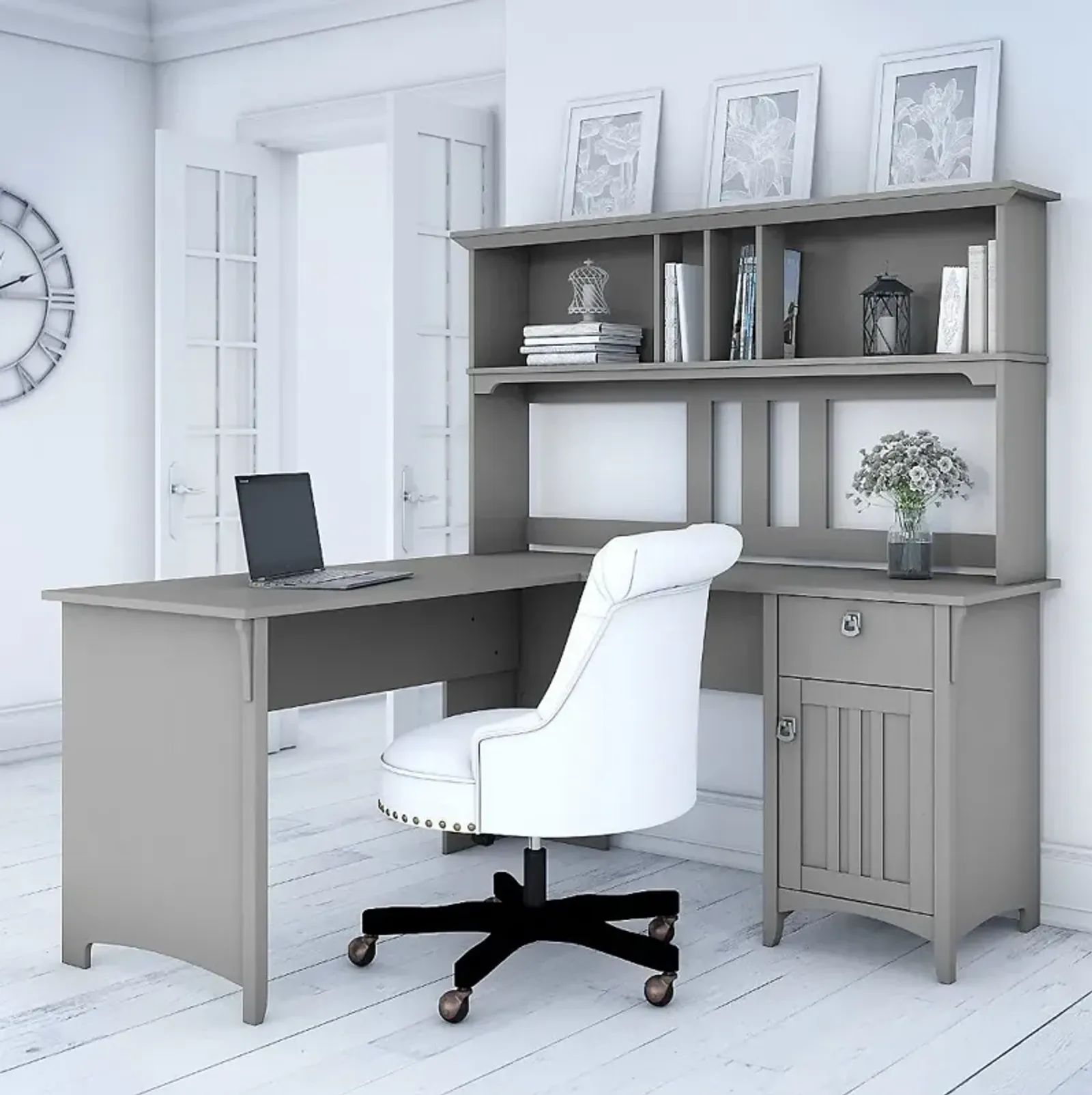 Salinas Cape Cod Gray L Shaped Pedestal Desk with Hutch - Bush...