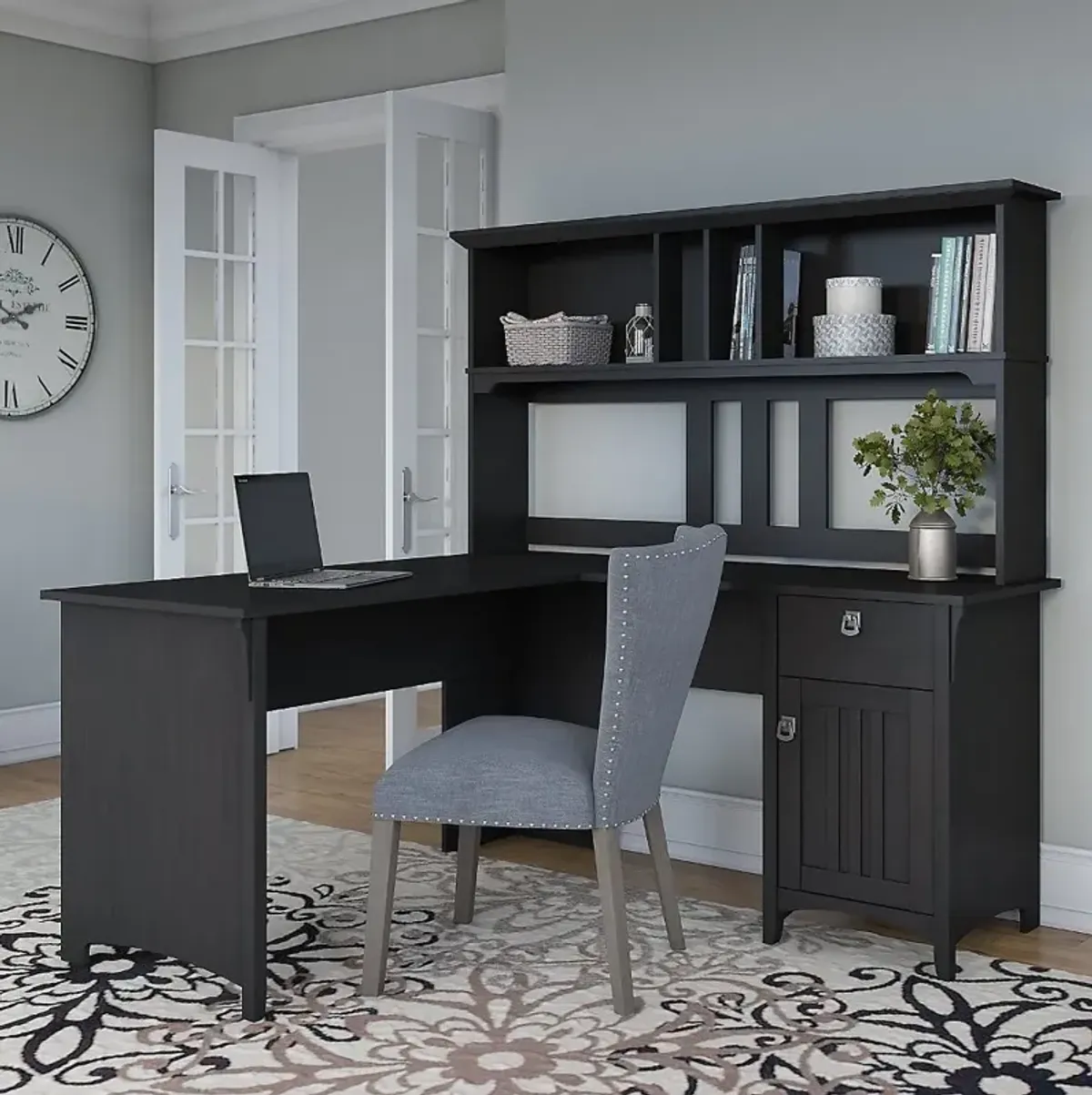 Salinas Black L Shaped Pedestal Desk with Hutch