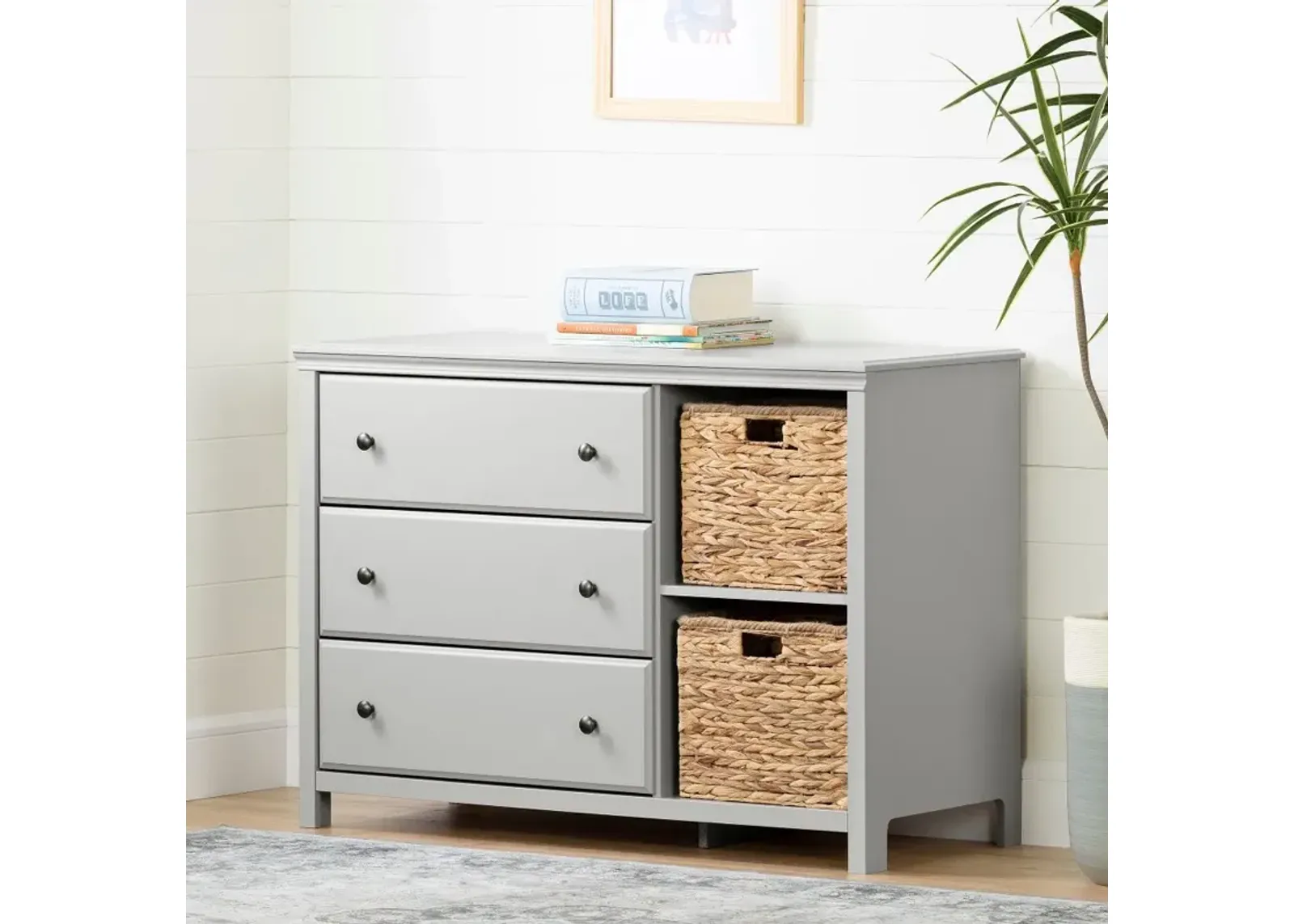 Cotton Candy Gray 3 Drawer Dresser with Baskets - South Shore