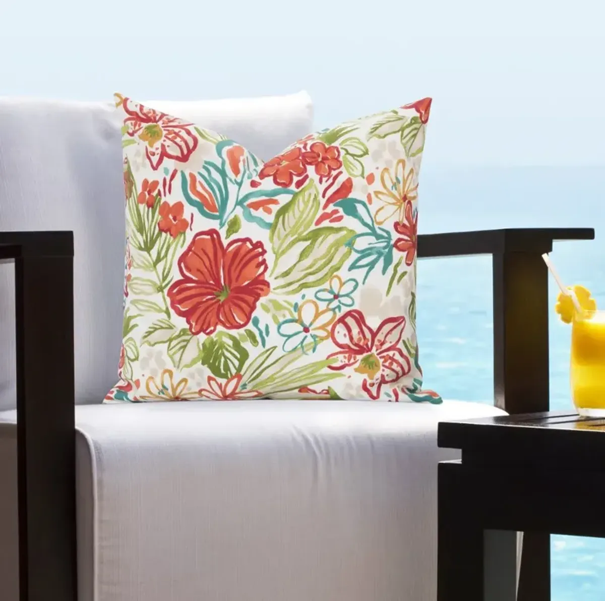 Multi Color Tropical Blooms Indoor-Outdoor Throw Pillow