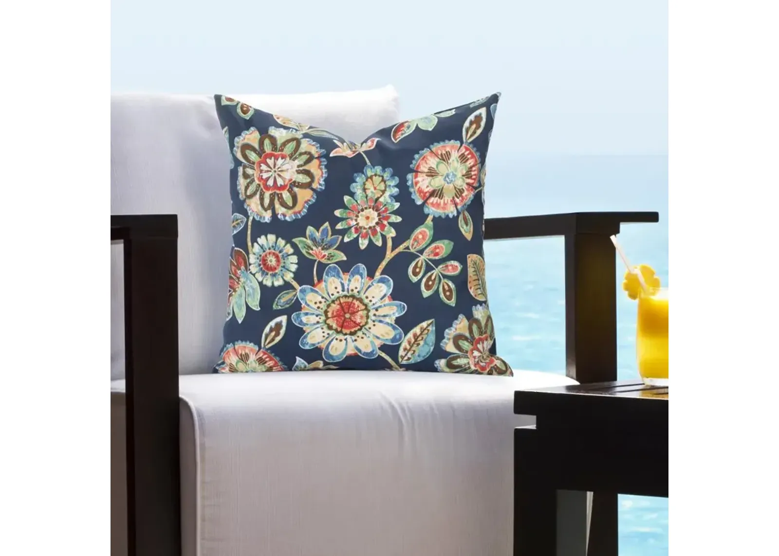 Blue with Multi Color Floral Indoor-Outdoor Throw Pillow