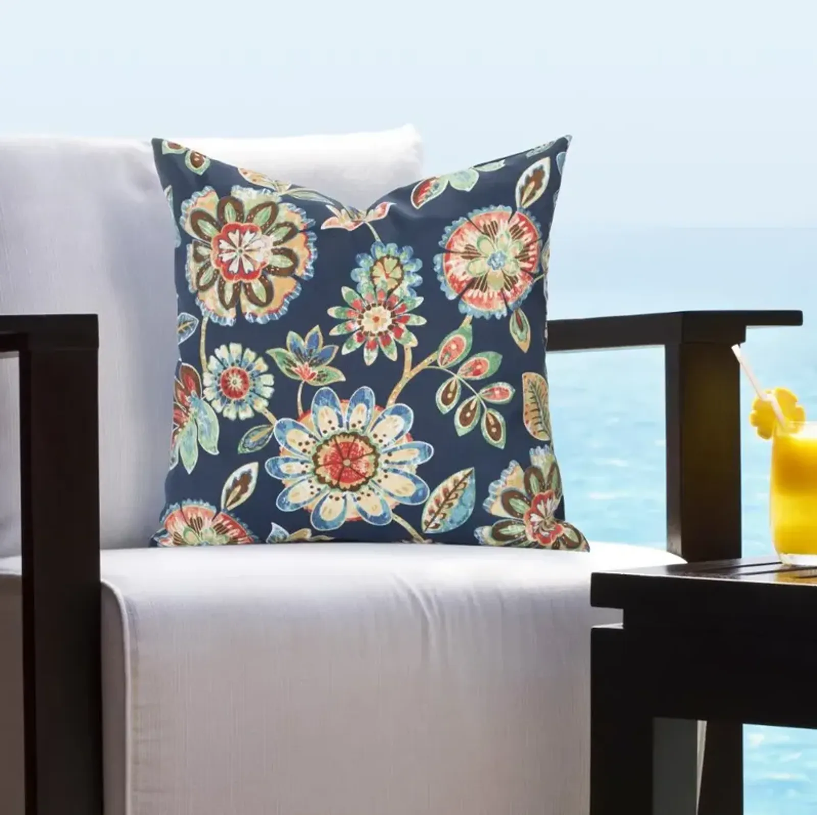 Blue with Multi Color Floral Indoor-Outdoor Throw Pillow