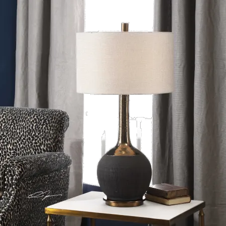 Matte Black Ceramic Table Lamp with Metallic Gold Bronze Neck
