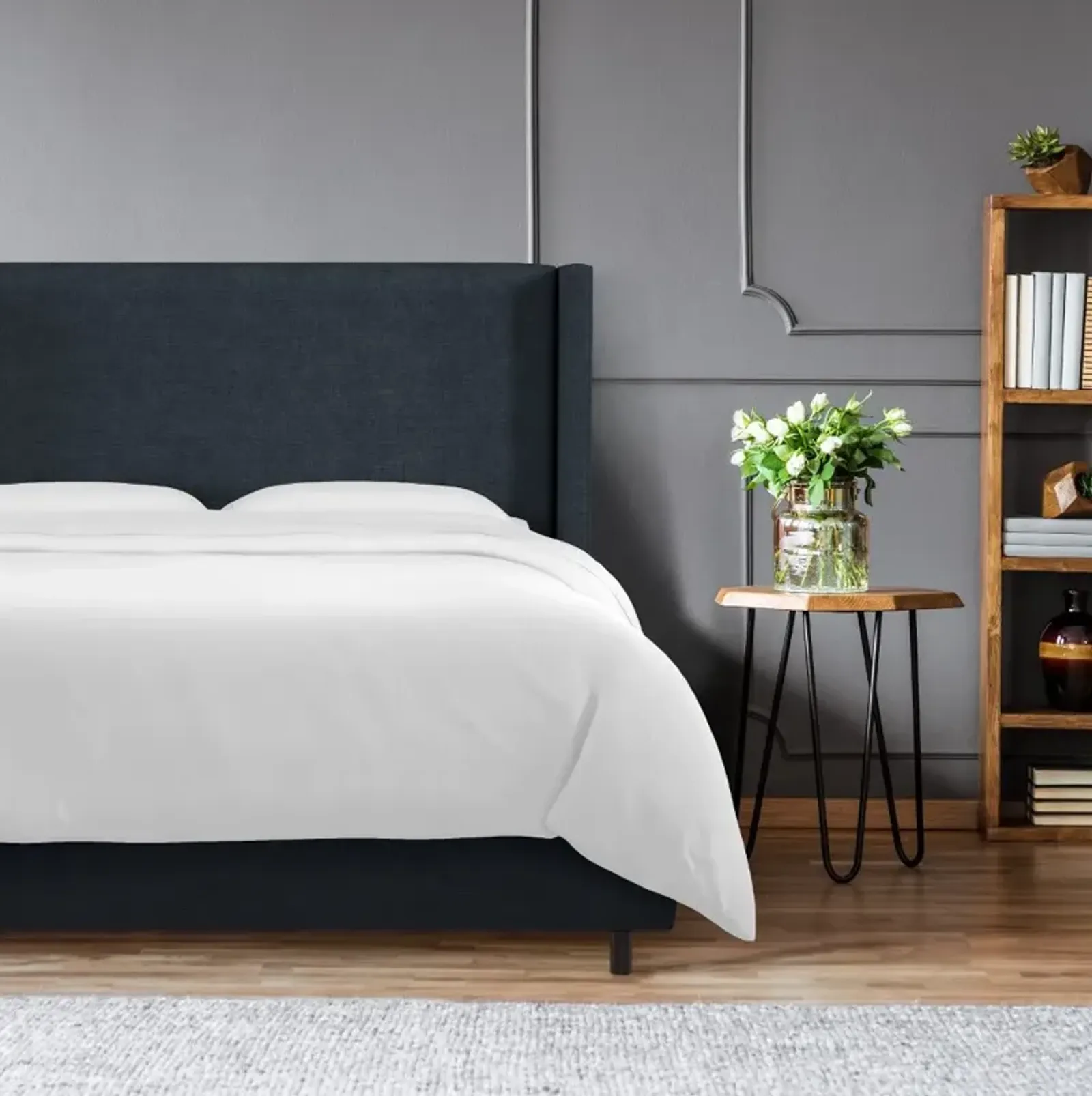 Penelope Navy Upholstered Wingback Queen Bed - Skyline Furniture