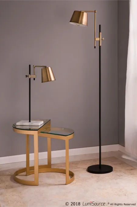 Antique Brass and Black Industrial Floor Lamp - Metric