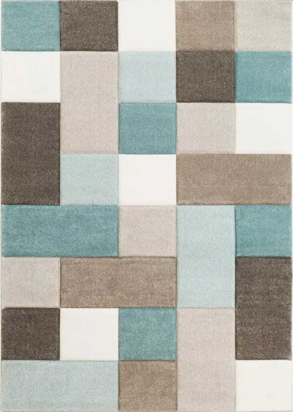 Santa Monica 8 x 10 Taupe and Aqua Color Block Area Rug